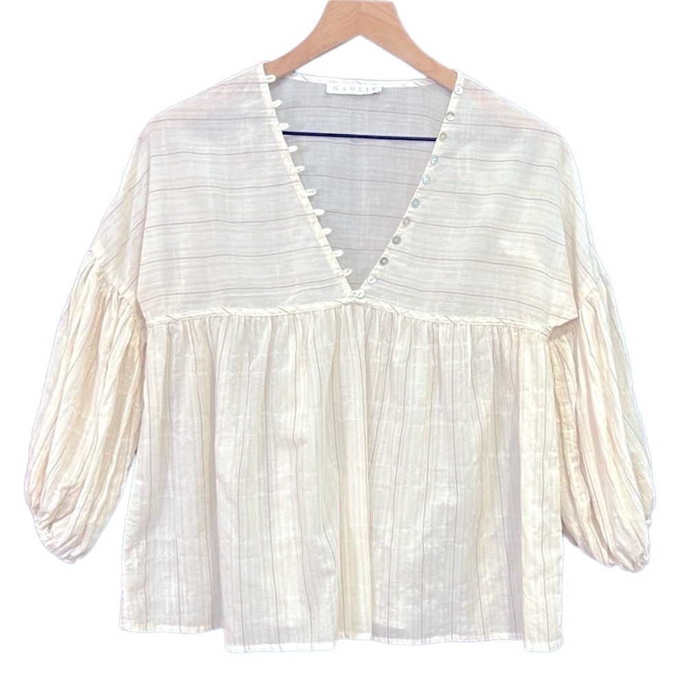 Karlie Balloon Sleeve V-Neck Button Cream Gray Stripe Peasant Top Small